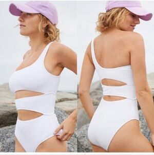 Aerie White Crinkle Cutout One Shoulder One Piece Swimsuit Large